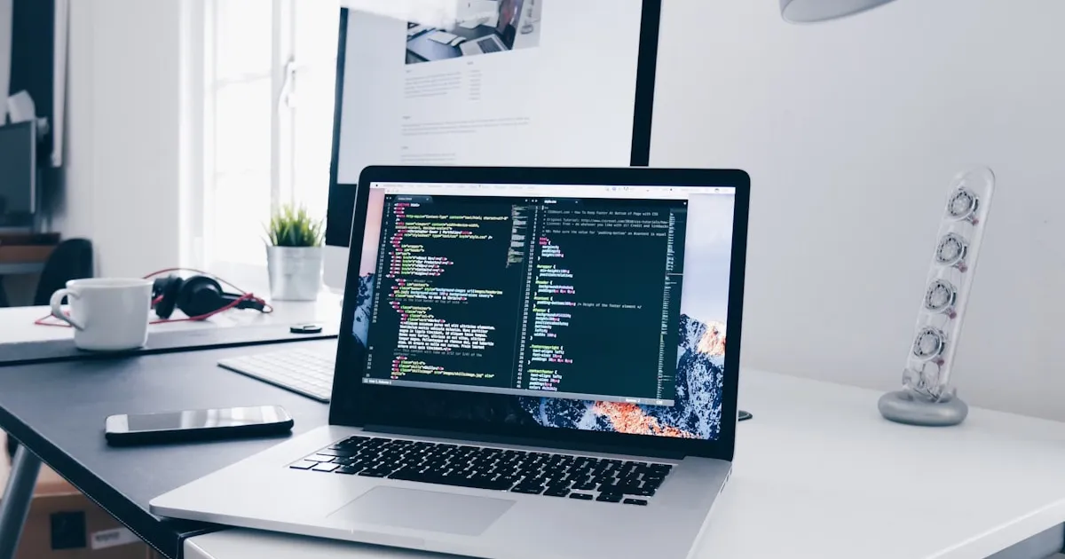 Laptop op een bureau met code of documenten op het scherm