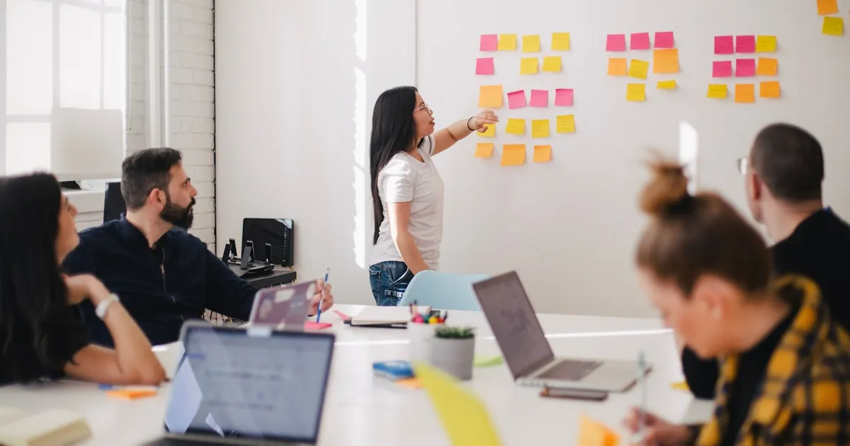 Team dat samen naar een whiteboard met werkprocessen kijkt