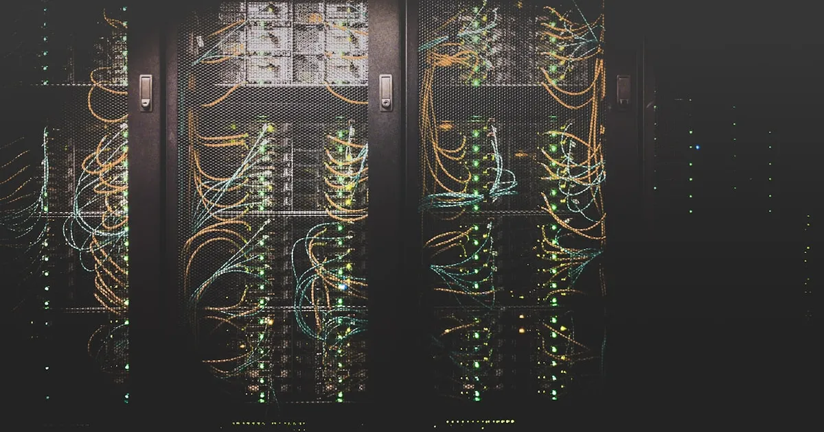 Serverruimte met blauw licht, abstract beeld bij IT en koppelingen